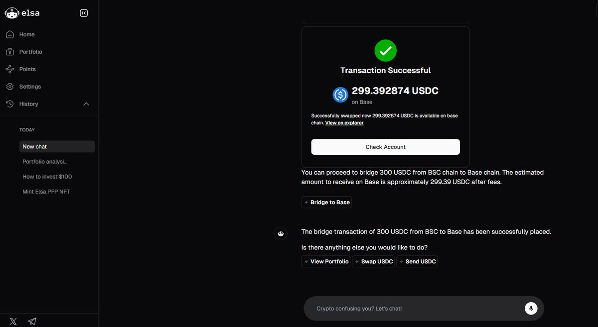 gQuack frens

today i decided to look into <a href="/HeyElsaAI/">HeyElsa</a> for the first time

one of the main reason is they are on <a href="/wallchain/">Wallchain Quacks</a> but other than that, they actually have a good product

i tried bridging 300 USDC using the AI and it actually works flawlessly and so easily

a simple