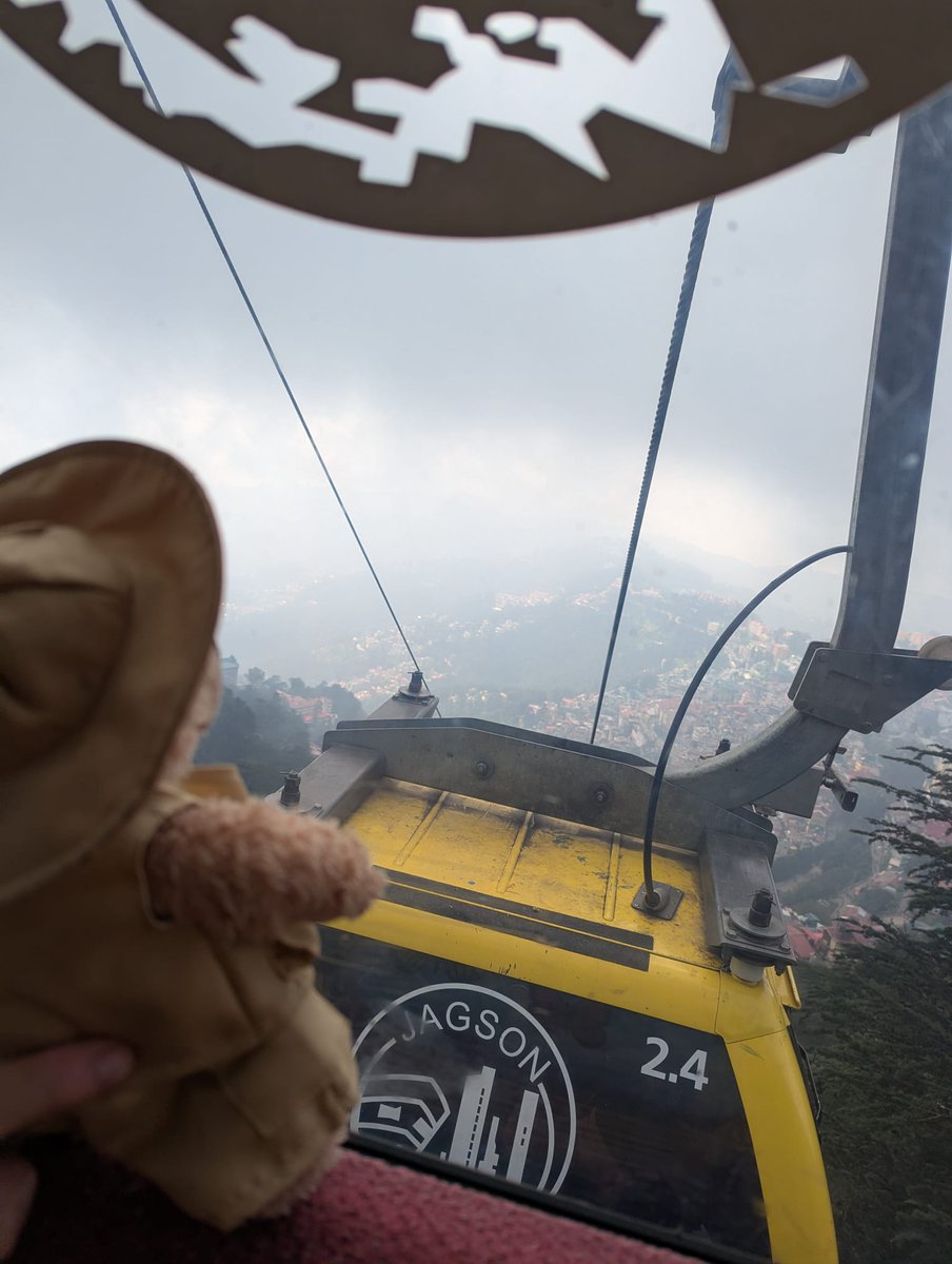 FlynnTheBear's tweet photo. Hey look!, There's a Ropeway. That's "cable car"to you and me. To take me even higher,  to the monkey statue of Hanuman. Afraid of being kidnapped by monkeys so stayed hidden. #Flynn #FlynnTheBear #India #Hanuman https://t.co/5J3uWJ13qq