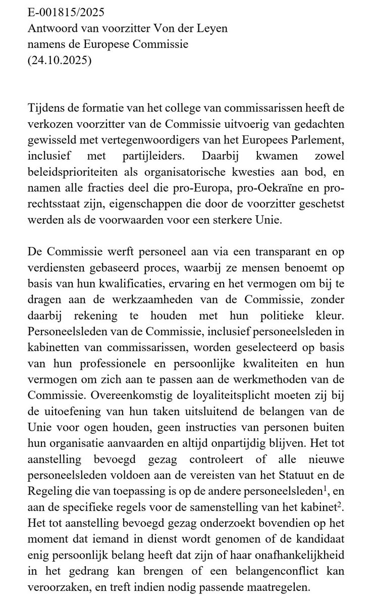 📝 Op 6 mei stelde ik vragen aan de Commissie over het toezeggen van baantjes in ruil voor steun. 

Bijna een half jaar later krijg ik antwoord: er zijn “organisatorische kwesties besproken”.

Ik lees: de Groenen kregen belangrijke benoemingen in ruil voor steun. Dat kan niet.👇