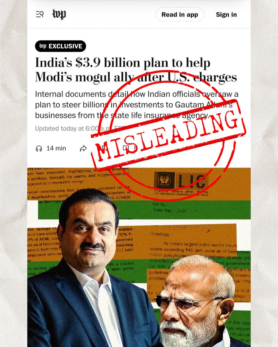 .<a href="/washingtonpost/">The Washington Post</a> just published another hit piece claiming India’s govt “steered” LIC to bail out Adani.

Let’s fact-check <a href="/pranshuverma_/">Pranshu Verma</a> <a href="/t_d_h_nair/">Ravi Nair</a>’s reporting and research by <a href="/supriyakmr/">supriya</a> <a href="/Sachi_HN/">Sachi Hegde</a> with actual data—and expose the pattern of attacks against rising India 🧵