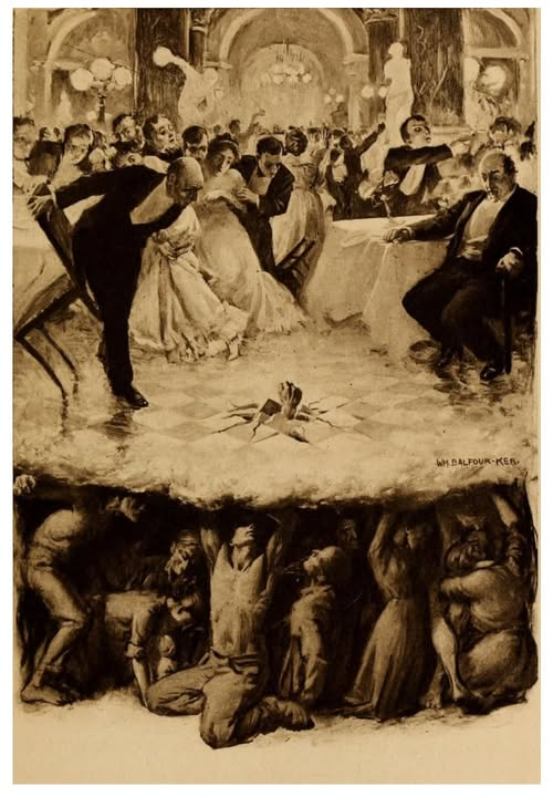 Sepia-toned illustration divided into two levels. Upper level shows an opulent ballroom with formally dressed couples dancing under chandeliers and surrounded by statues and tables. Lower level depicts exhausted workers in ragged clothing digging and laboring in a dark underground space. The artists signature William Balfour Ker appears at the bottom right.