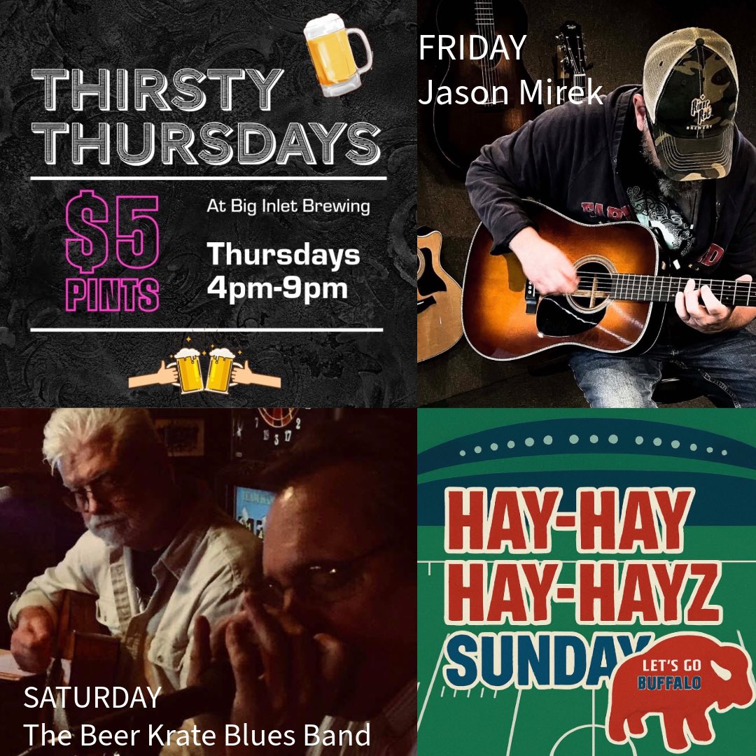 BigInletBrewing's tweet photo. Weekend lineup = LOADED 🍺🎶🏈
👉 Thirsty Thursday: Grab your crew and get the party started
🎤 Friday: Jason Mirek live in the taproom
🎸 Saturday: The Beer Krate Blues Band keeps the energy rolling
🏈 Sunday: Hay-Hay-Hayz Sunday because Sundays are for beer and Bills! https://t.co/Ac6KLem8Wu