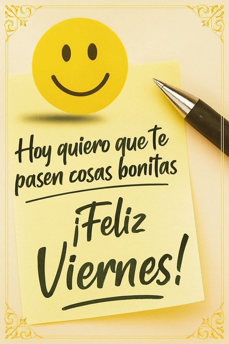 A yellow sticky note on a light yellow background with ornate borders features a large yellow smiling emoji face positioned to the left. A black pen with a silver tip lies diagonally across the note pointing towards the text. The handwritten-style text in black reads Hoy quiero que te with pasen cosas bonitas below it and Feliz Viernes in larger bold letters at the bottom.