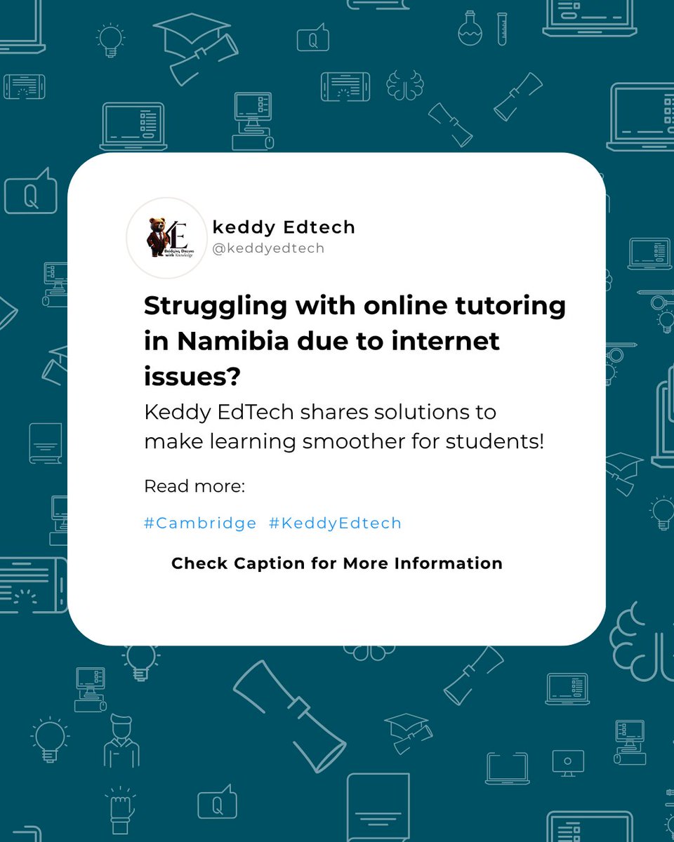 KeddyEdtech's tweet image. Struggling with unstable internet in Namibia? 
💡 Learn how we’re making Cambridge education accessible across Namibia: 🔗 Read the full story

#Cambridge #KeddyEdTech #NamibiaEducation #OnlineTutoring #EdTechSolutions #InclusiveLearning #DigitalNamibia