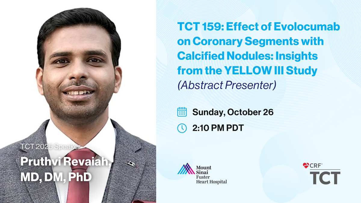 Learn about the "Effect of Evolocumab on Coronary Segments with Calcified Nodules: Insights from the YELLOW III Study" with Dr. Pruthvi Revaiah at #TCT2025 on Sunday, October 26.

<a href="/TCTConference/">TCT Conference</a> <a href="/crfheart/">Cardiovascular Research Foundation</a> <a href="/IcahnMountSinai/">Icahn School of Medicine at Mount Sinai</a> #CardioX #CardioTwitter