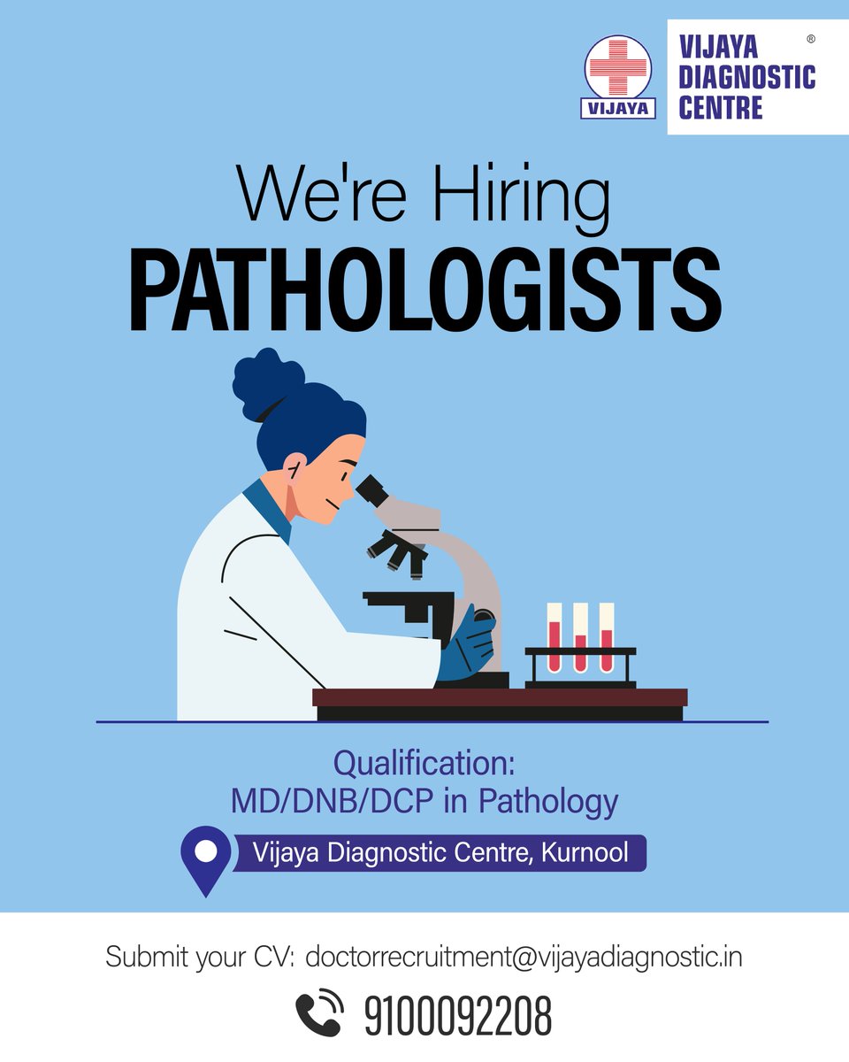 Vijaya Diagnostic Centre is looking for skilled Pathologists in Kurnool, Andhra Pradesh. Grow your career with a trusted healthcare leader.
Send your CV: doctorrecruitment@vijayadiagnostic.in

#WeAreHiring #MedicalCareers #JoinOurTeam #HealthcareJobs