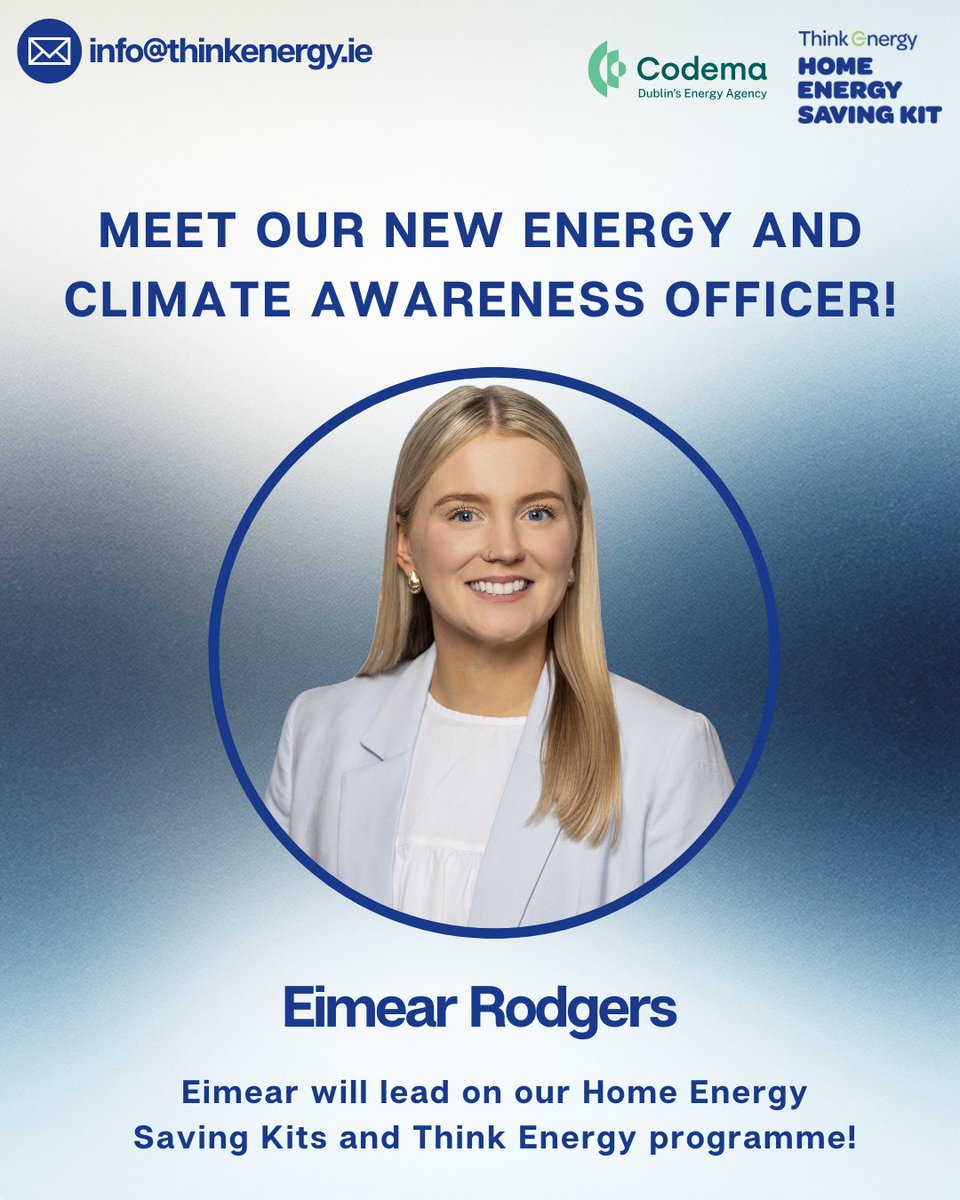 HomeEnergySavingKit (@energysavingkit) on Twitter photo Say hello to Eimear! 👋
Eimear is our new Energy and Climate Awareness Officer, she’ll be powering up Codema’s Home Energy Saving Kit, Think Energy programme, and energy awareness events.
Want to learn more? 
Drop us a line at info@thinkenergy.ie 📩 Say hello to Eimear! 👋
Eimear is our new Energy and Climate Awareness Officer, she’ll be powering up Codema’s Home Energy Saving Kit, Think Energy programme, and energy awareness events.
Want to learn more? 
Drop us a line at info@thinkenergy.ie 📩