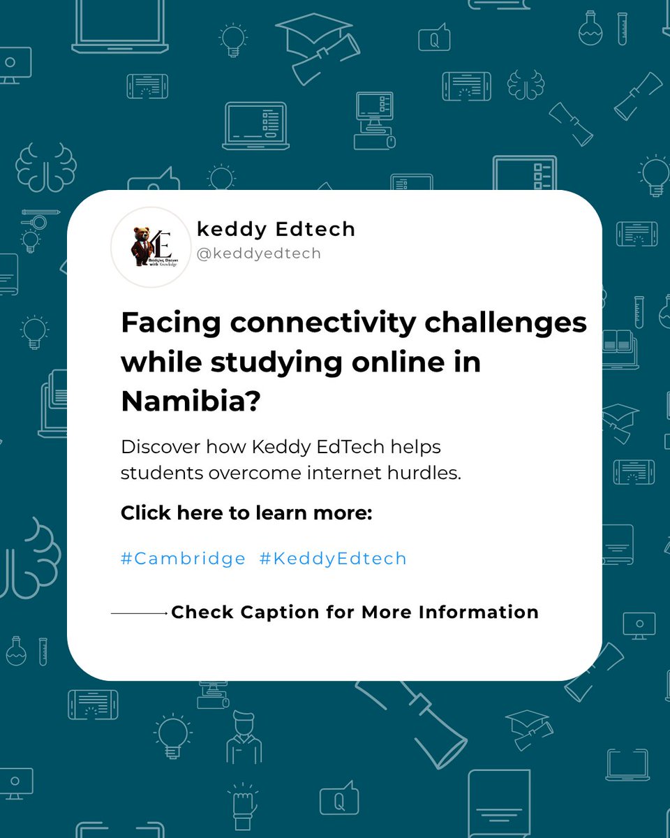 KeddyEdtech's tweet image. Facing internet issues while studying online in Namibia? Keddy EdTech has the solution. 
🔗 keddy-edtech.org/namibia/online…

#Cambridge #KeddyEdTech #EdTechAfrica