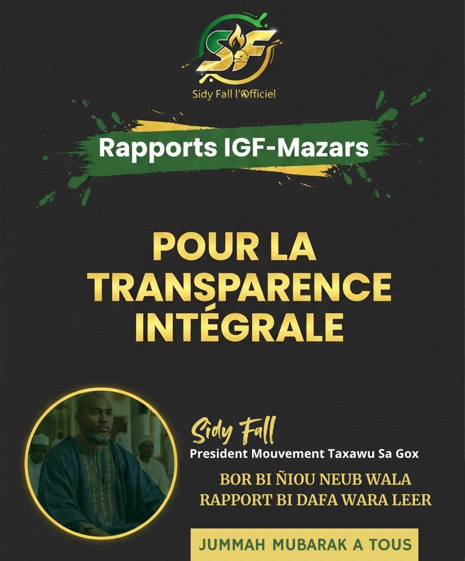 SidySFall's tweet photo. 💣 Rapports cachés ? Vérité attendue !
��� Où est le rapport de l’Inspection des Finances ?
📊 Où est celui du cabinet Mazars ?
Les Sénégalais méritent la transparence !

✨ Jummah Mubarak à tous !

#Transparence #IGF #Mazars #JummahMubarak #Sénégal #Vérité https://t.co/lo0BsC84Cy