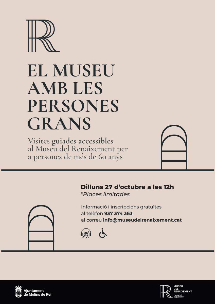 Dilluns vinent comencem aquest projecte amb l'<a href="/AjMolinsdeRei/">Ajuntament de Molins de Rei</a>, i encara queden algunes places. Faré una visita pausada i accessible al <a href="/MRenaixement/">Museu del Renaixement</a>, amb moltes cadires per seure, bucles magnètics portàtils i cadires-bastó i de rodes, per a qui ho necessiti. Inscipció necessària.