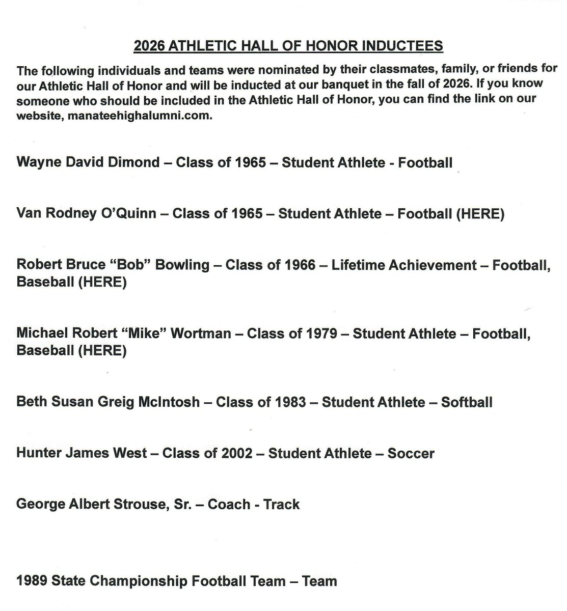ManateeAlumni's tweet photo. We're proud to announce our 2026 MHS Athletic Hall of Honor inductees!

WE ARE MANATEE!! https://t.co/Sa5eBtA3Fm