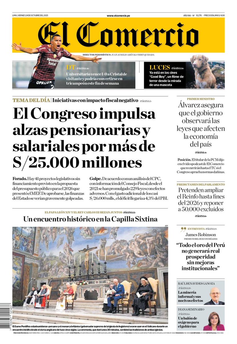 📰 ¡Buenos días! Hoy en PORTADA de El Comercio: El Congreso impulsa alzas pensionarias y salariales por más de S/25.000 millones.

Lee esto y mucho más en nuestra versión impresa, aquí ► goo.gl/bGfRDV