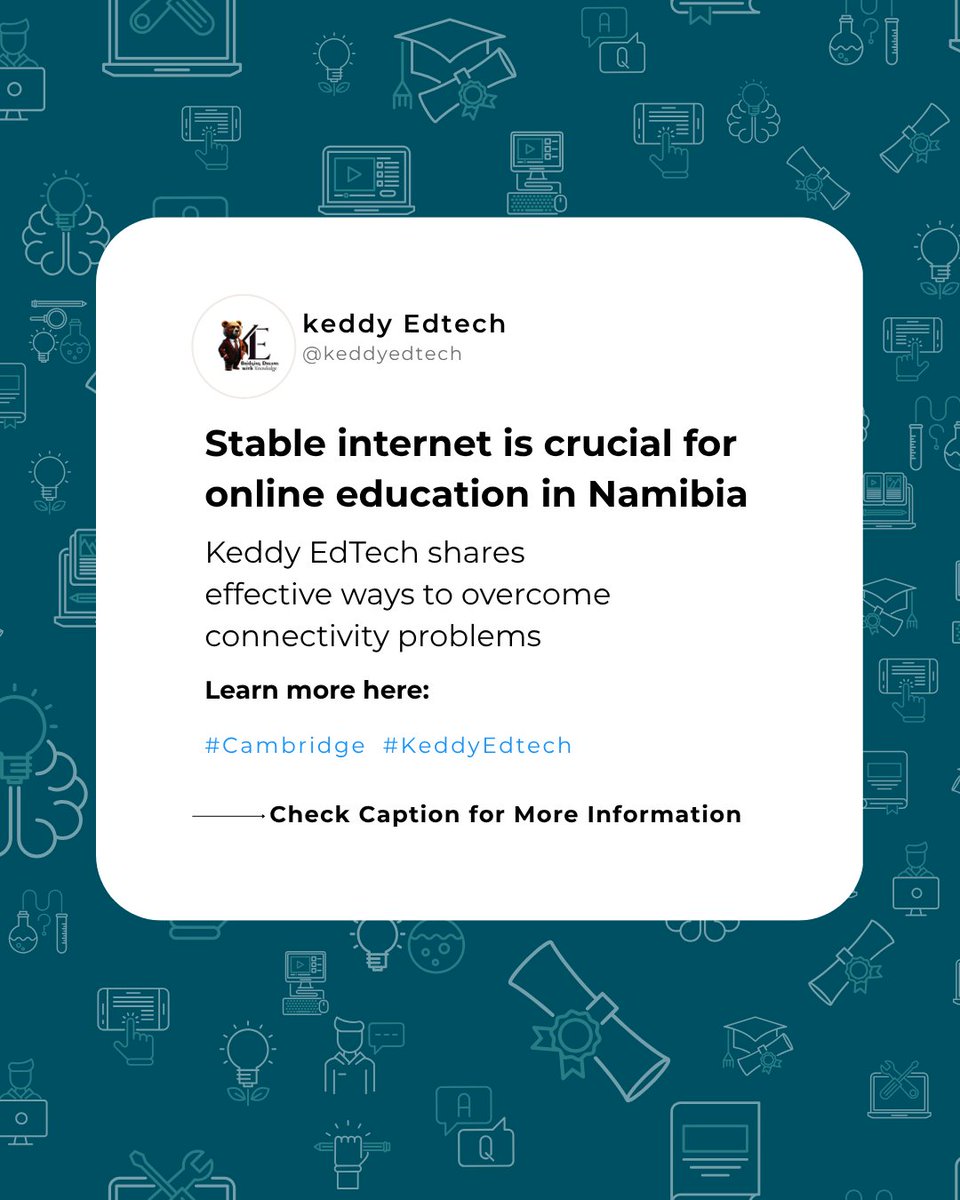 KeddyEdtech's tweet image. Stable internet is key to successful online learning in Namibia.  At Keddy EdTech, we’re sharing effective ways to overcome connectivity challenges—so students can stay focused, confident, and connected to their Cambridge goals.
🔗 keddy-edtech.org/namibia/online…
#Cambridge #KeddyEdTech