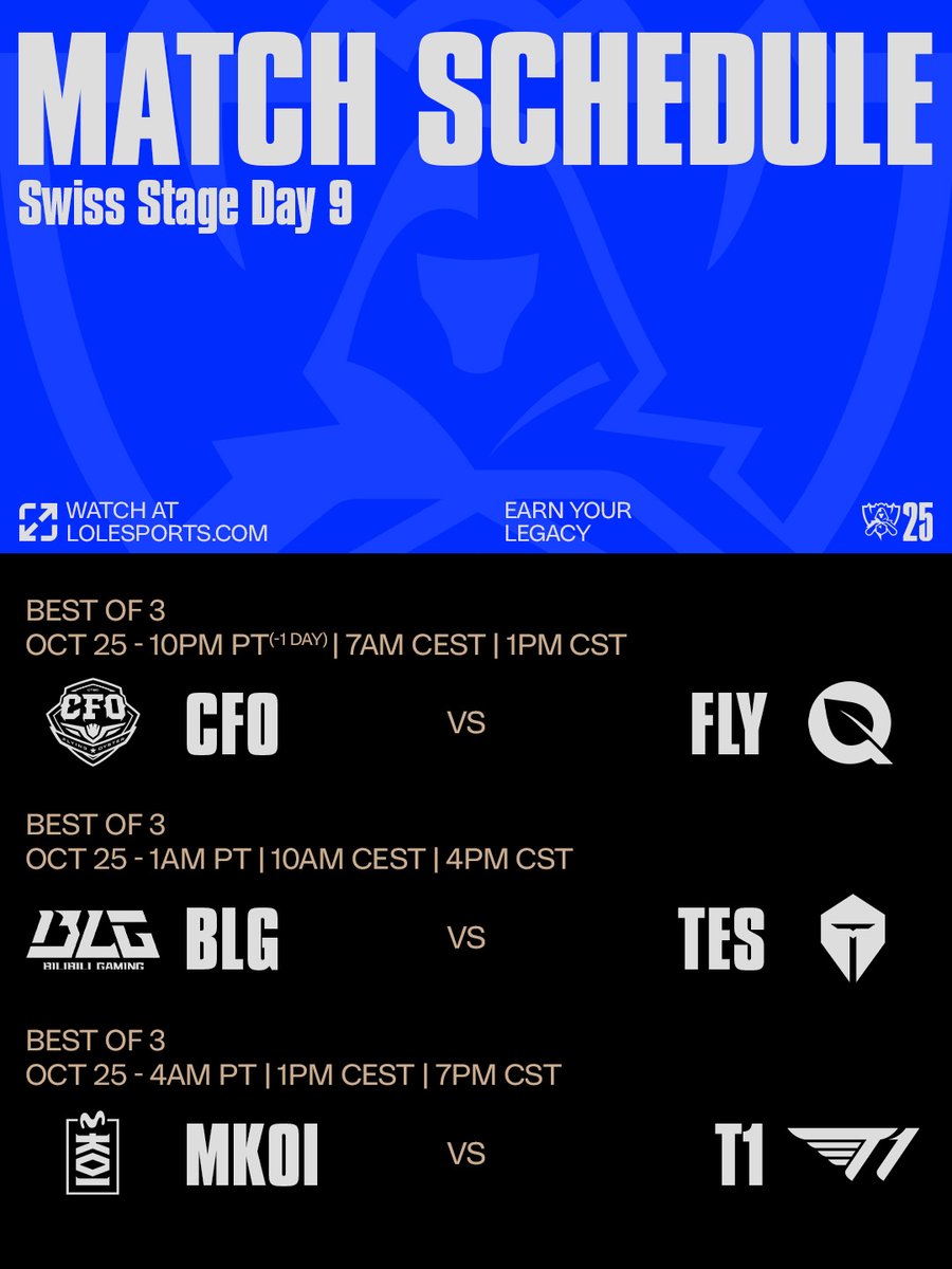 lolesports's tweet photo. ONE LAST CHANCE:

Your schedule for day 9 of the #Worlds2025 Swiss Stage! https://t.co/J9VMW3BKGW