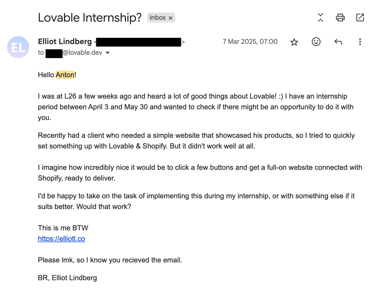 robiot's tweet image. the Cold Email that got me into Lovable at 17 - now it's shipped