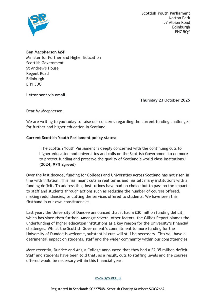 JackAndersonSYP's tweet photo. @Marcus_Flucker, @ella_msyp, @LeiaMSYP and I have written to the Minister for Further and Higher Education.

We raised concerns about the lack of funding for colleges and universities. The Scottish Government must invest to protect students. https://t.co/x0y3CC6NdW