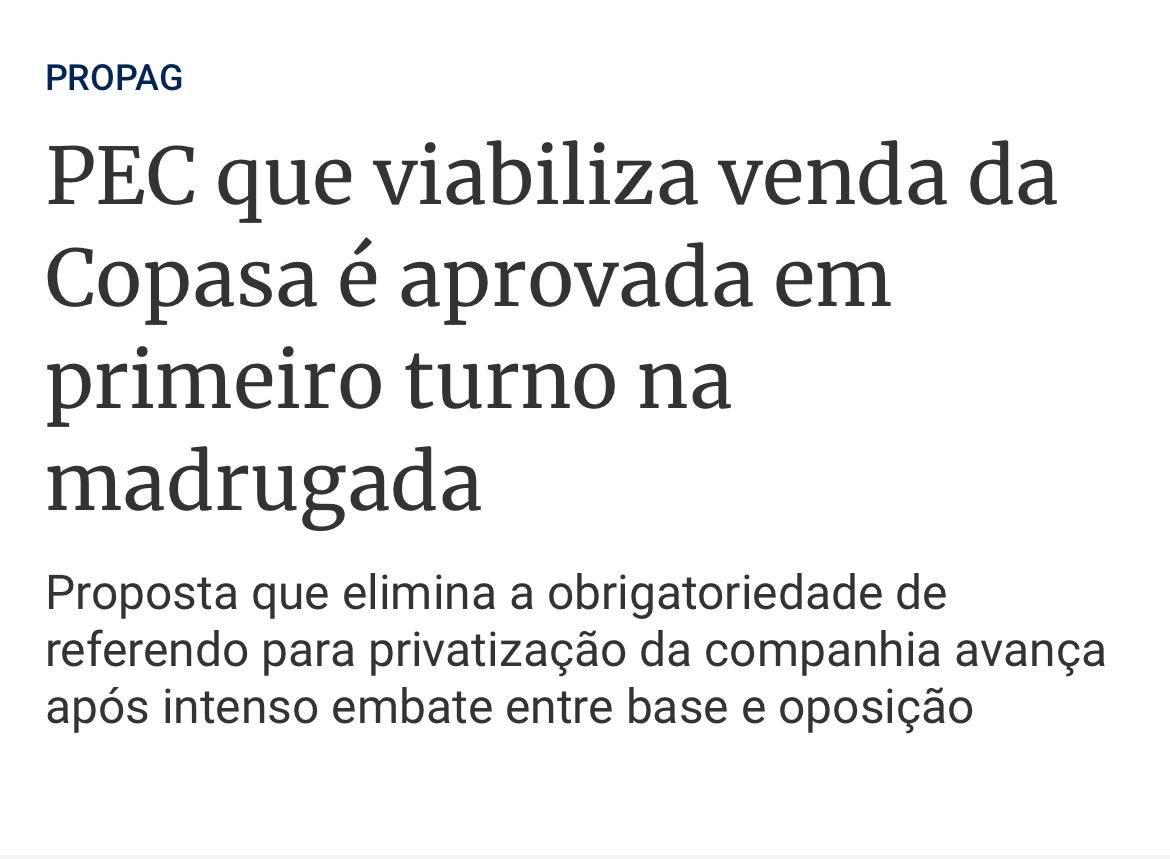 DudaSalabert's tweet image. 🚨VERGONHA! 

De madrugada, aprovaram a PEC que abre caminho pra vender a COPASA.
A PEC retira a obrigatoriedade de consulta popular para venda da COPASA . 
Zema quer transformar água em lucro e direito em mercadoria.