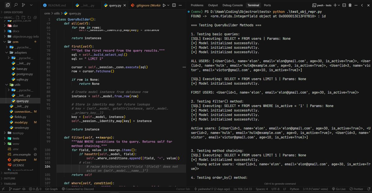 yadneshx17's tweet image. built Objectron a lightweight ORM written completely from scratch in Python.
 It handles: Model -> Table mapping, Field descriptors, Session (Unit of Work), Dynamic Query Builder (filters, chaining of queries), Connection handling, Database agnostic via adapters (SQLite for now)