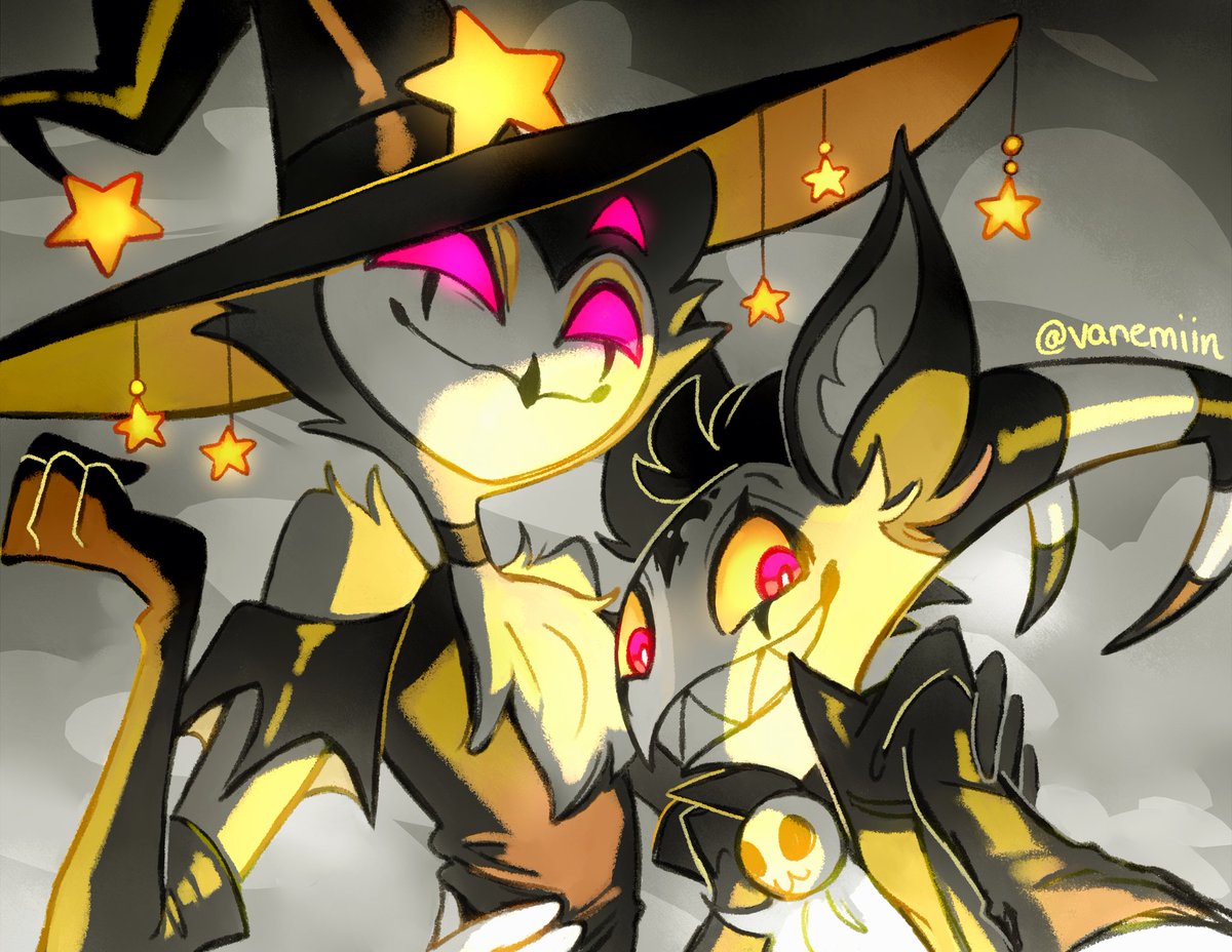 vanemiin's tweet image. Happy spooky season! I thought witchy Stolas and werewolf Blitz would be a good combo 🎃🌟 #helluvaboss #stolitz