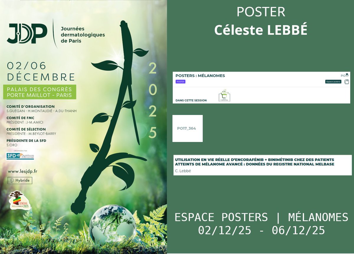 MelbaseFR's tweet photo. #JDP2025 : Utilisation en vie réelle d’encorafénib + binimétinib chez des patients atteints de mélanome avancé : données du registre national MelBase
02/12/2025 - 06/12/2025 -  espace posters [C. Lebbé] https://t.co/rRejftSAiB