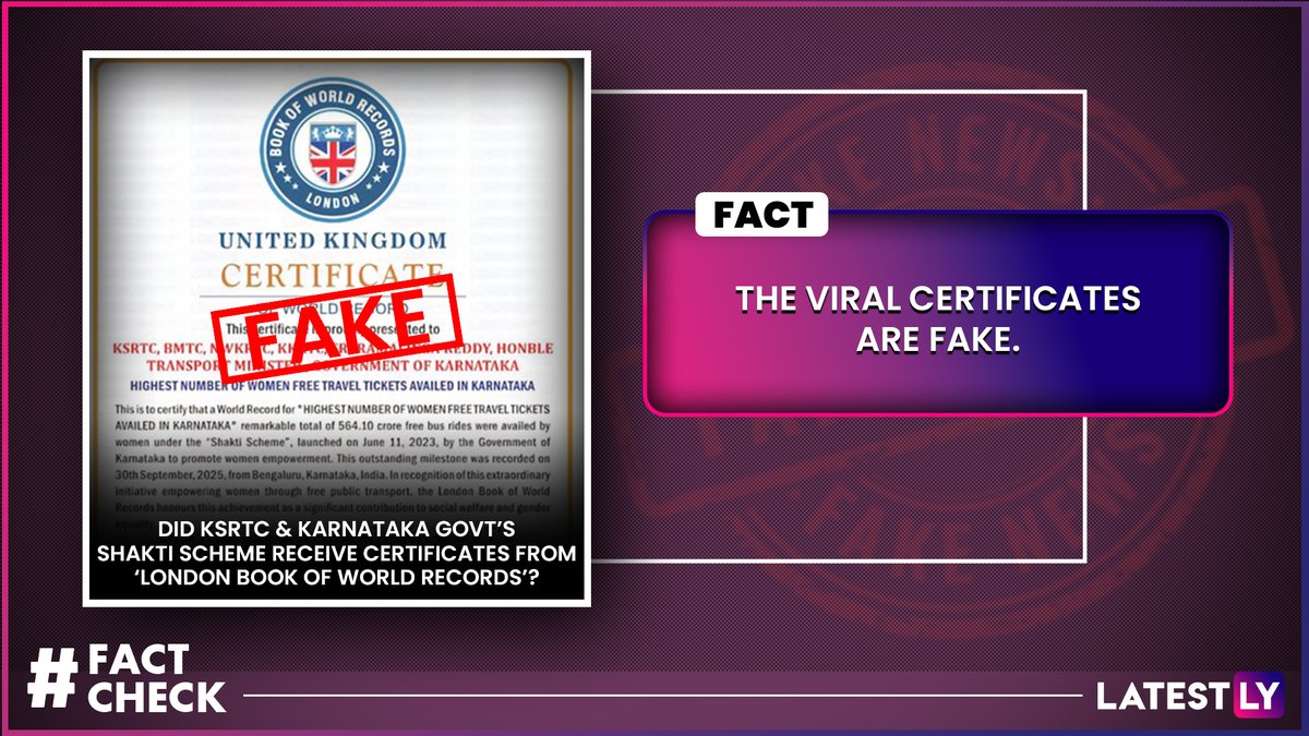 latestly's tweet image. Did KSRTC And Karnataka Govt’s Shakti Scheme Receive Certificates From ‘London Book Of World Records’? CM Siddaramaiah Falls For Fake News, Know The Truth Here  
Read Full Article Here: latestly.com/social-viral/f…
#FactCheck #Karnataka #KSRTC #ShaktiScheme #LondonBookOfWorldRecords…