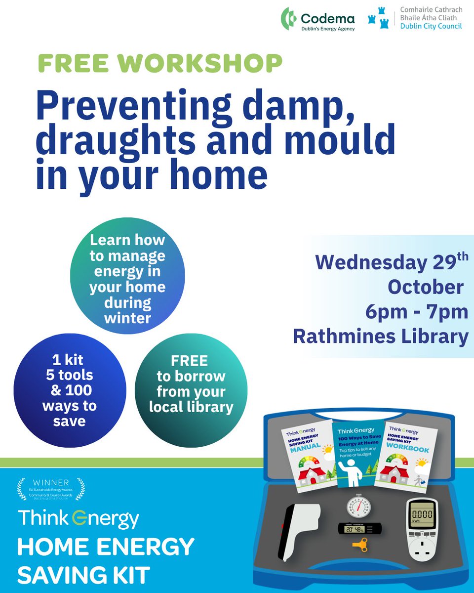 HomeEnergySavingKit (@energysavingkit) on Twitter photo Join us at Rathmines Library on Wednesday 29th October for a free workshop on how to manage energy in your home and keep it warm, dry, and efficient - plus a demo of our award-winning Home Energy Saving Kit!
📅 Wednesday, 29th October
📍Rathmines Library Join us at Rathmines Library on Wednesday 29th October for a free workshop on how to manage energy in your home and keep it warm, dry, and efficient - plus a demo of our award-winning Home Energy Saving Kit!
📅 Wednesday, 29th October
📍Rathmines Library