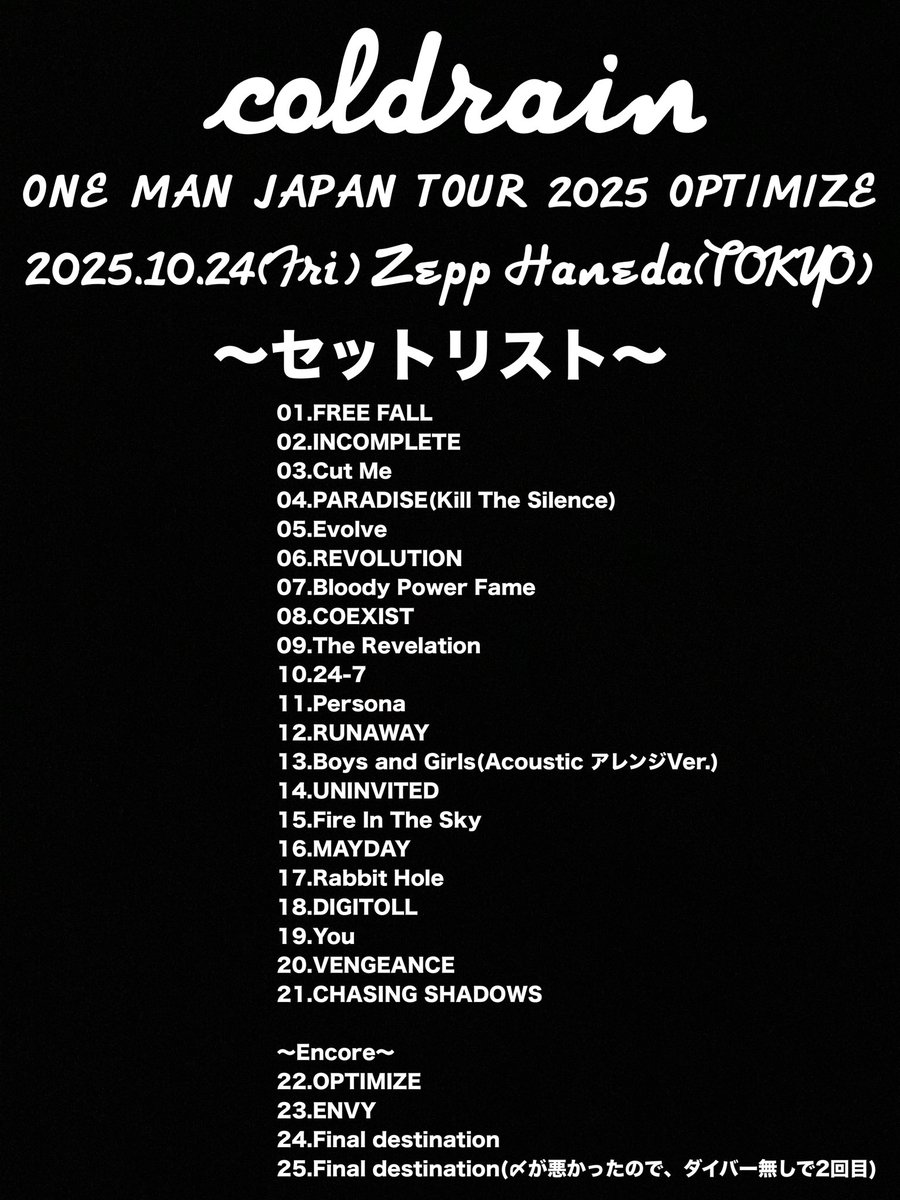 coldrain セトリ #coldrain #コルレ #OPTIMIZE #Zepp羽田 #Zepp