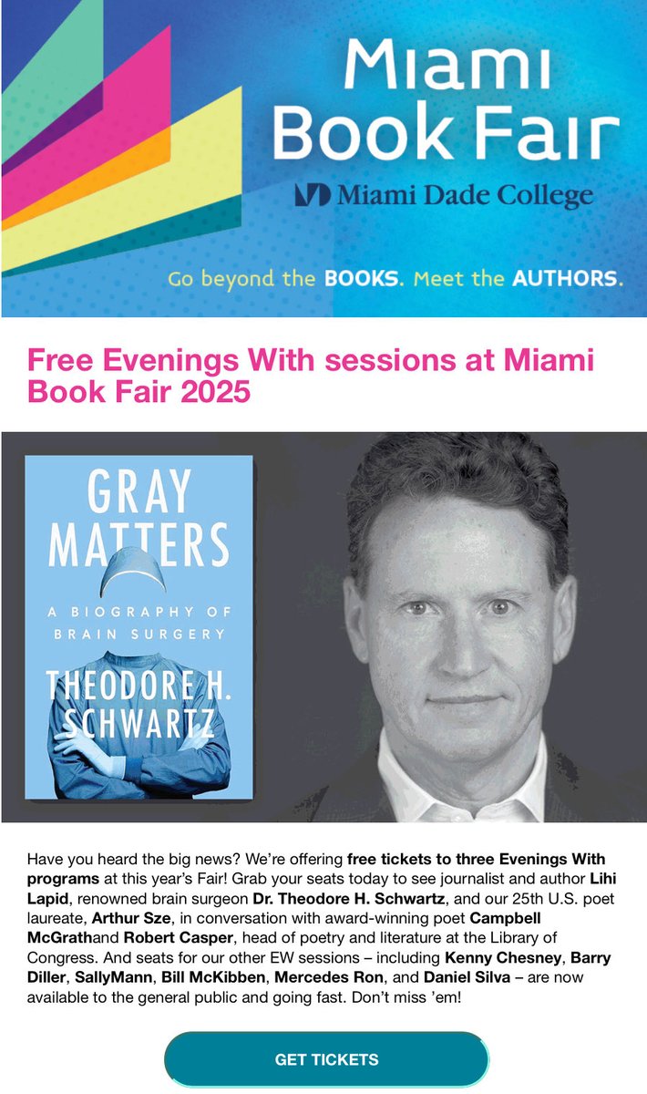 Tickets available. miamibookfair.com/program/evenin… <a href="/AANSNeuro/">AANS</a> <a href="/CNS_Update/">CNS</a> <a href="/MountSinaiNYC/">Mount Sinai Health System</a> <a href="/WCMDeptofMed/">Weill Department of Medicine</a> <a href="/nyphospital/">NewYork-Presbyterian</a> <a href="/IcahnMountSinai/">Icahn School of Medicine at Mount Sinai</a>