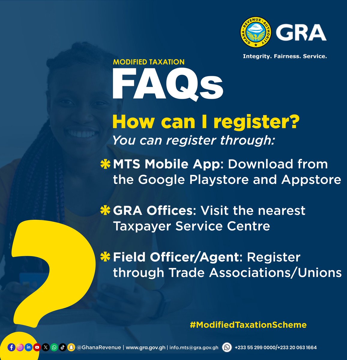 GhanaRevenue's tweet photo. Here are 3 ways you can register for the Modified Taxation Scheme. 
Call 0800 900 110, Email info@gra.gov.gh or DM us it you have Issues registering

#GRA #GhanaFIRST #ModifiedTaxation #InformalTax #ArtisanTax https://t.co/HkLnAZufSt