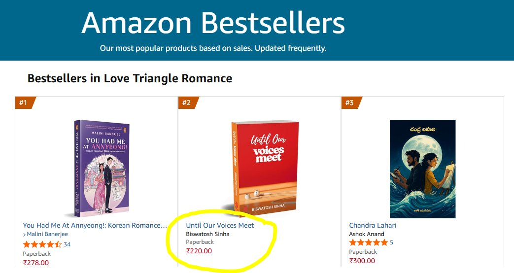 storyt_india's tweet image. #bestseller ALERT!
&quot;Until Our Voices Meet&quot; by @biswatosh has hit #2 on Amazon&apos;s Love Triangle Romance Bestsellers - and it&apos;s still in PRE-ORDER!
Congratulations on this incredible achievement!
Pre-order now👉amzn.to/3L33lyt
#AmazonBestseller #IndianAuthor #RomanceReads