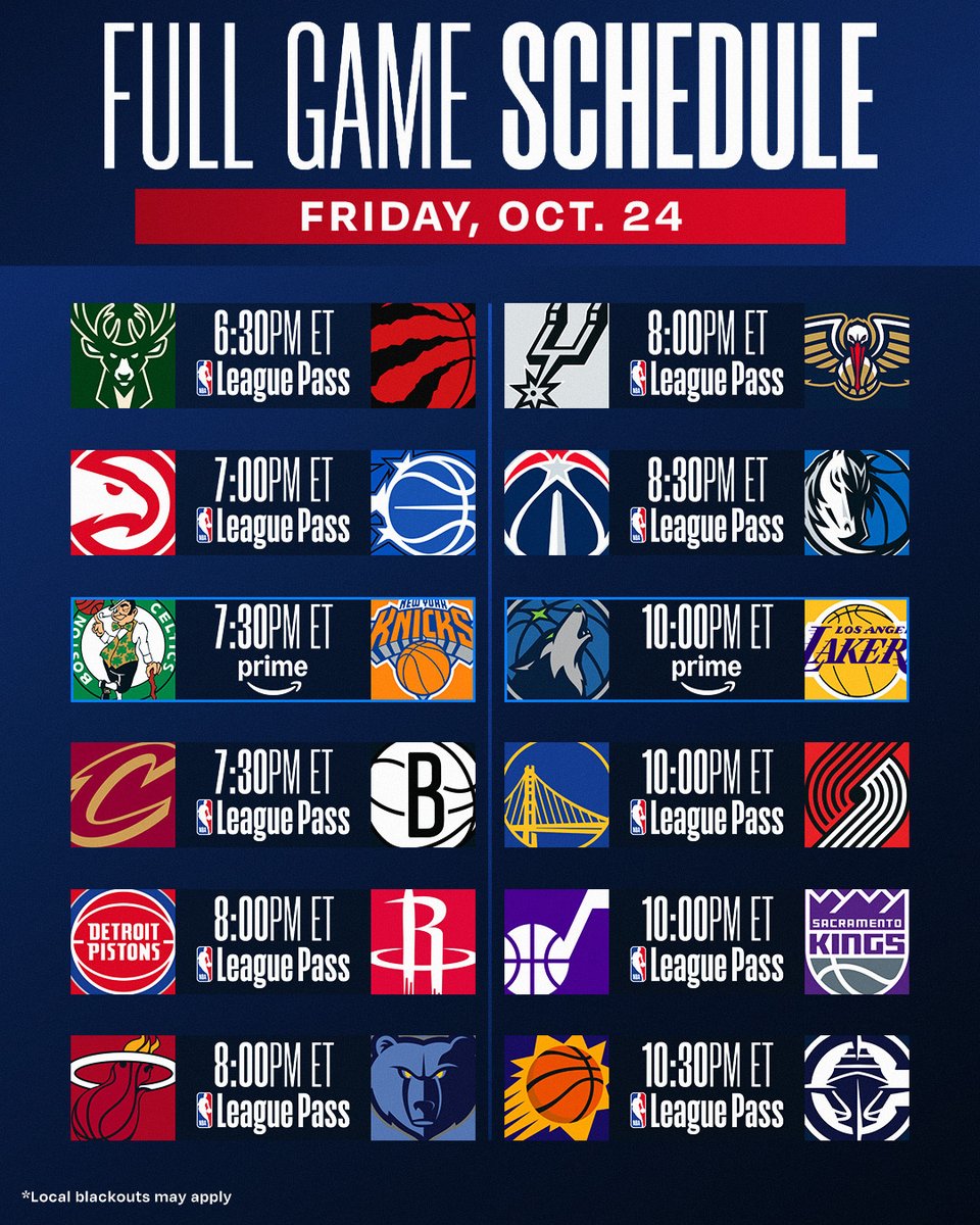 NBA (@nba) on Twitter photo 2 Playoff rematches highlight a MASSIVE 12-game Friday slate!
🍿 2025 East Semis rematch at MSG
🍿 Ant vs. Luka showdown in LA
🍿 Thompson twins go head-to-head
🍿 Fresh off a 40/15 season debut, Wemby battles Zion
<a href="/AmericanExpress/">American Express</a> NBA Tip-Off continues on Prime and NBA League 2 Playoff rematches highlight a MASSIVE 12-game Friday slate!
🍿 2025 East Semis rematch at MSG
🍿 Ant vs. Luka showdown in LA
🍿 Thompson twins go head-to-head
🍿 Fresh off a 40/15 season debut, Wemby battles Zion
<a href="/AmericanExpress/">American Express</a> NBA Tip-Off continues on Prime and NBA League