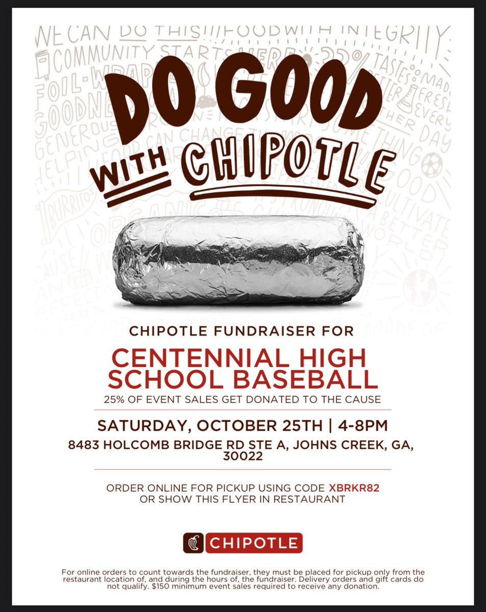 Join us for dinner after our Car Wash tomorrow at Chipotle!
Mention “Centennial Baseball” and support our program! 
#GoKnights