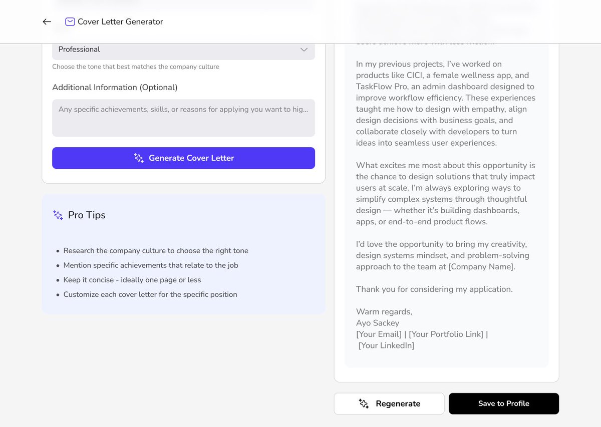 iamsackey01's tweet image. Reaching the Final Stages of my ResumeAI.
Writing the perfect cover letter can feel intimidating, so I designed something to make it easier.
The ResumeAI Cover Letter Generator helps users craft letters that sound natural, confident, and true to their story.
#UIDesign #fypシ #AI