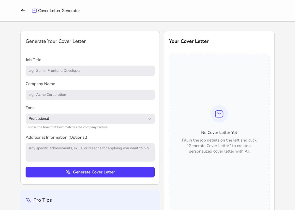 iamsackey01's tweet image. Reaching the Final Stages of my ResumeAI.
Writing the perfect cover letter can feel intimidating, so I designed something to make it easier.
The ResumeAI Cover Letter Generator helps users craft letters that sound natural, confident, and true to their story.
#UIDesign #fypシ #AI