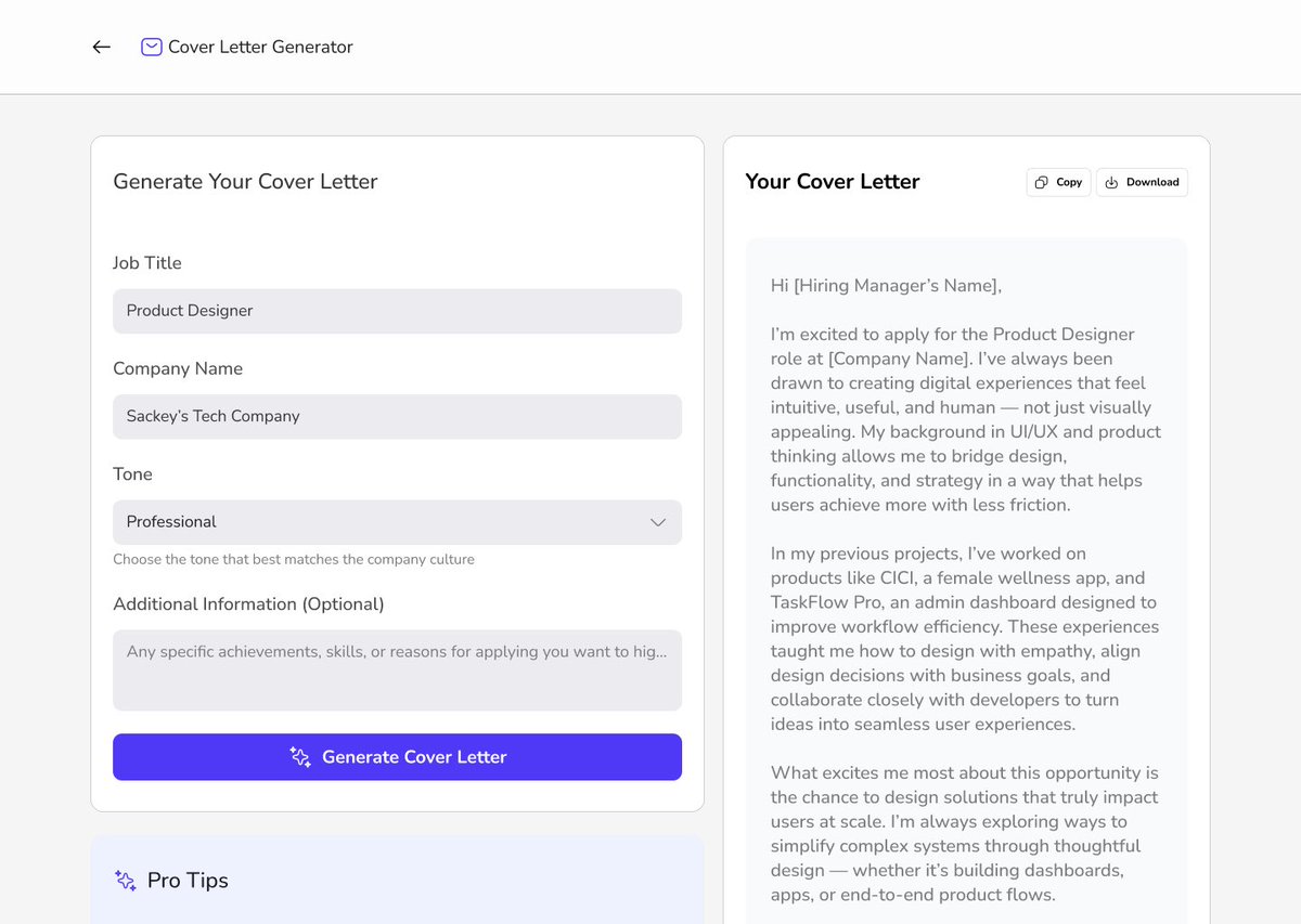 iamsackey01's tweet image. Reaching the Final Stages of my ResumeAI.
Writing the perfect cover letter can feel intimidating, so I designed something to make it easier.
The ResumeAI Cover Letter Generator helps users craft letters that sound natural, confident, and true to their story.
#UIDesign #fypシ #AI