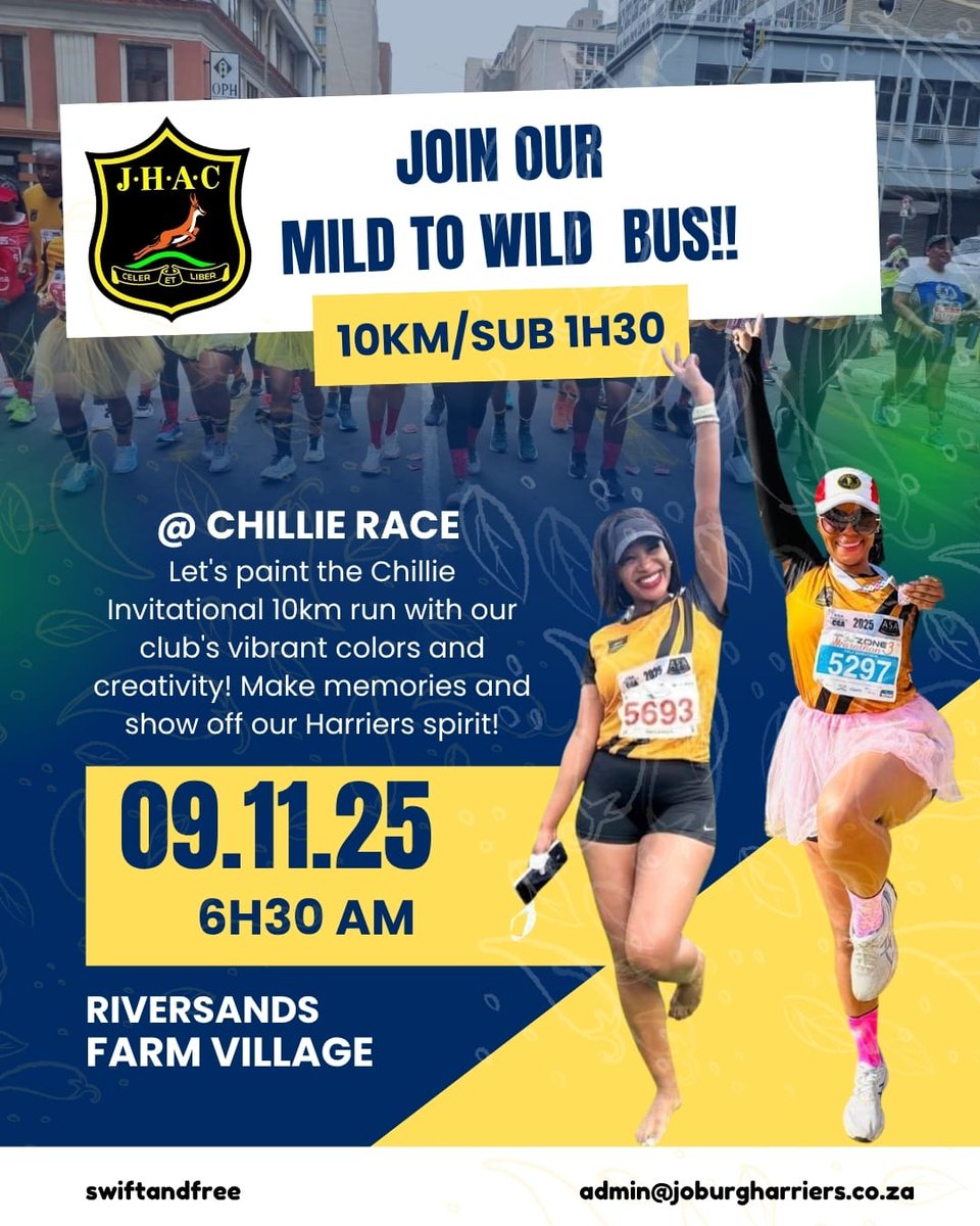 🥳📯🥳📯🥳📯🥳📯

Clear up the calendars and get your stoffy game together. This November will be busy.

Chillie 10km- 9 November 
Sub 1h30 Mild-2-Wild Bus
Drivers: Precious and Simone 

Book your tickes now🥳🥳

 ✨️ KE SUMMER BOSS ✨️ 

SWIFT AND  FREE🫶🏽🫶🏽

#joinerwena