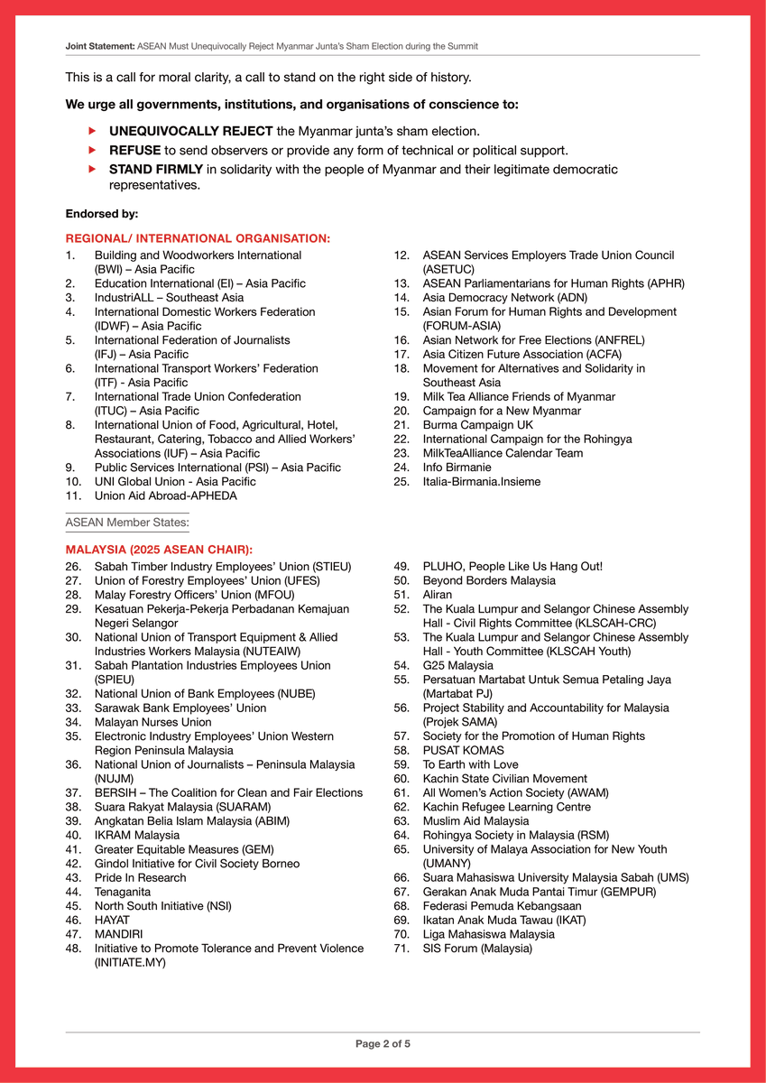 PVamplify's tweet photo. 🚨300+ orgs urge @ASEAN to reject the #Myanmar junta’s sham election ahead of #ASEANSummit47

We urge #Malaysia @anwaribrahim &amp; all govts to
❌ Reject junta’s sham election
🚫 Refuse to send observers/support
✊ Stand with the people of Myanmar &amp; their legitimate representatives. https://t.co/DbN3d5erwV