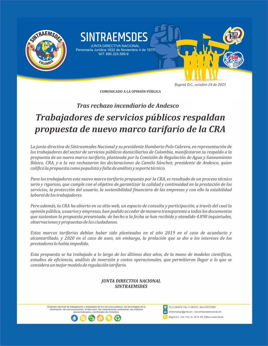 #COMUNICADO  Tras rechazo incendiario de Andesco
Trabajadores de servicios públicos respaldan propuesta de nuevo marco tarifario de la CRA
sintraemsdes.org/actualidad/tra… <a href="/RTVCnoticias/">RTVC Noticias</a> <a href="/NoticiasCaracol/">Noticias Caracol</a>  <a href="/NoticiasRCN/">Noticias RCN</a>  <a href="/NoticiasUno/">Noticias Uno</a> <a href="/rcnradio/">RCN Radio</a>  <a href="/revistaRAYA/">Revista RAYA</a> <a href="/WRadioColombia/">W Radio Colombia</a> <a href="/radiosantafentc/">Radio SantaFe</a>