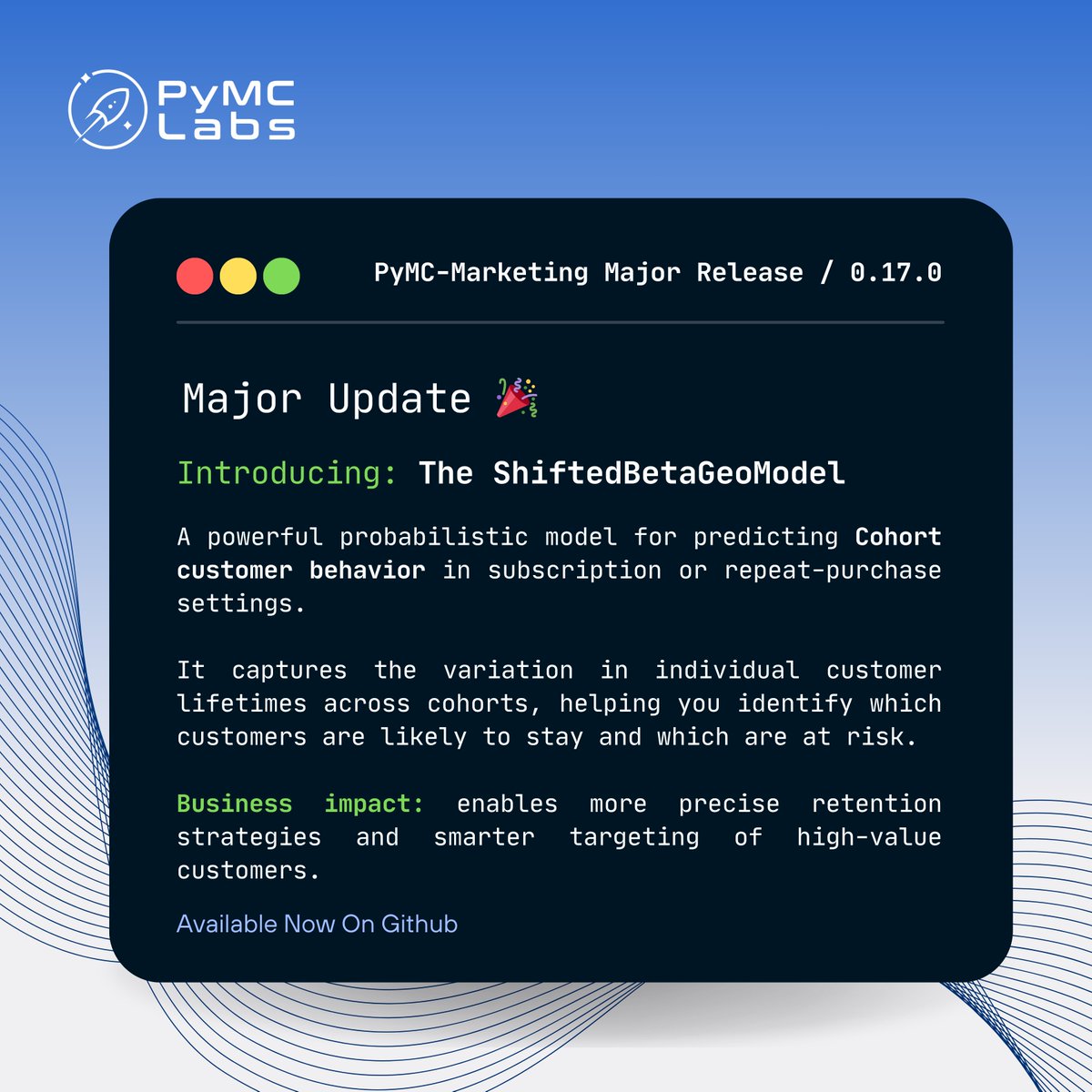 pymc_labs's tweet image. We're excited to highlight ShiftedBetaGeoModel (sBG) in PyMC-Marketing v0.17.0!
Predict customer retention, model cohorts, and make smarter CLV-driven decisions — all with a single Bayesian model
🧩 Check it out: dub.link/EoYryvG
#PyMC #CohortAnalysis #CustomerAnalytics