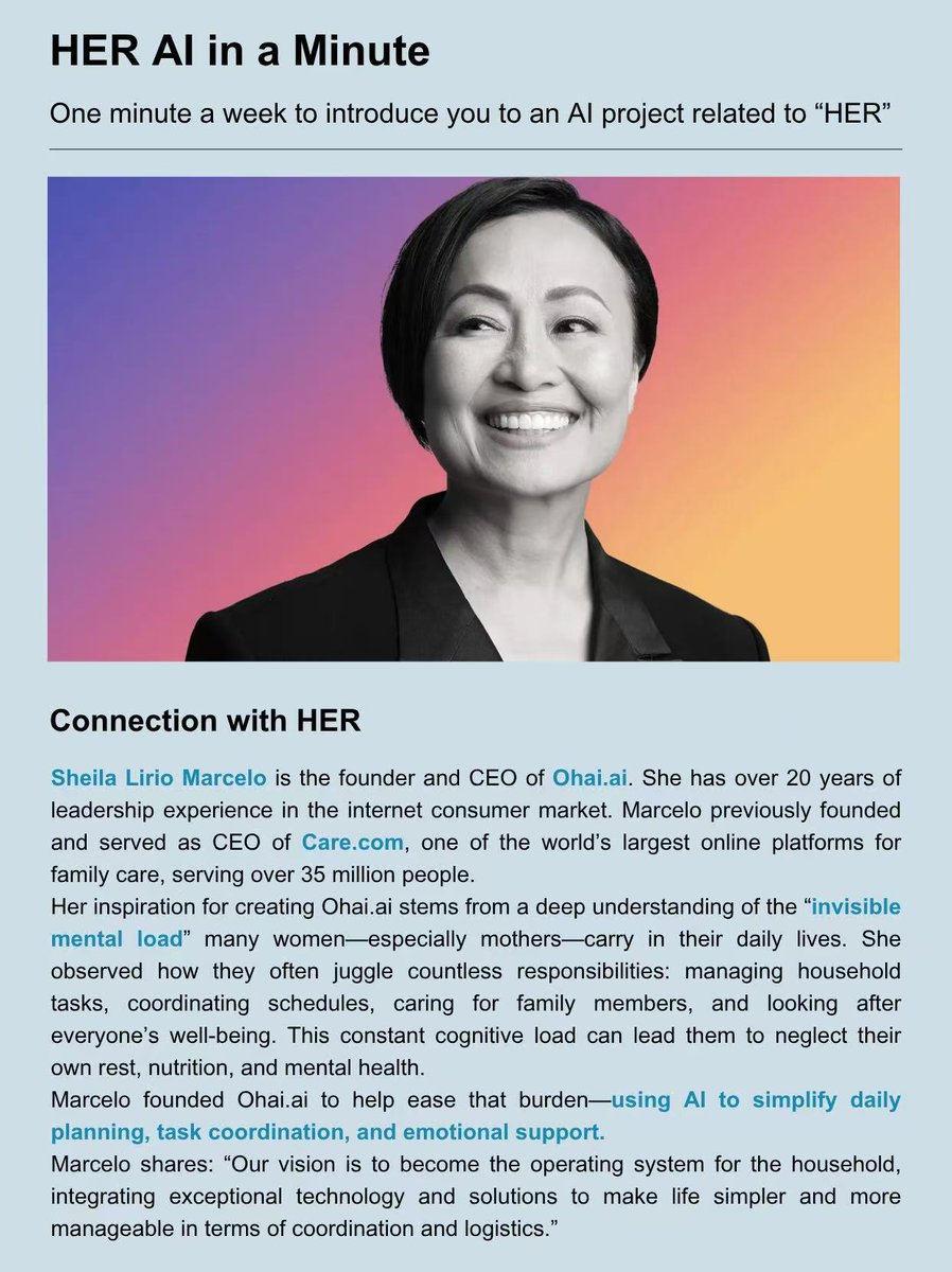 🌟 HER AI in a Minute: Ohai.ai
Meet Ohai.ai, an AI personal assistant that helps manage schedules, prioritize tasks &amp; coordinate across work, home &amp; family.
👩 Founded by Sheila Lirio Marcelo, inspired by the “invisible mental load”.
#sherewires