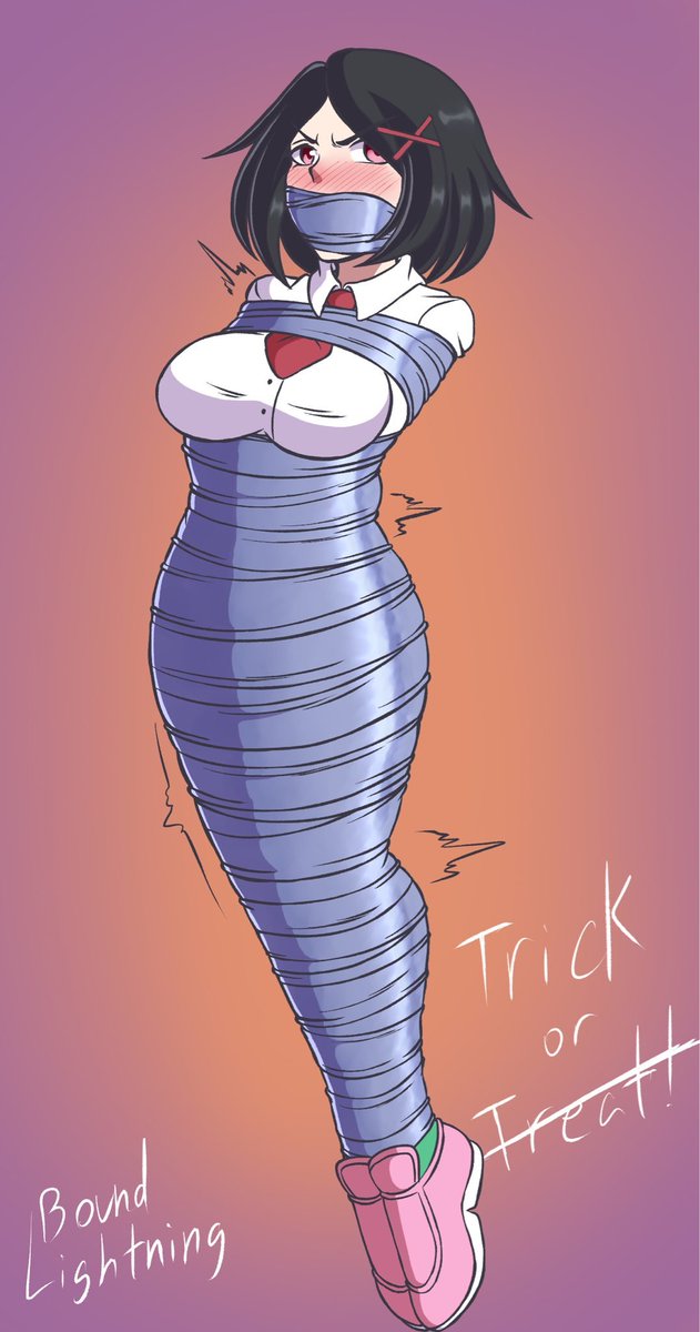 Misako from River City Girls has found herself all nicely bundled up in duct tape! Probably Kyoko's bizarre idea of a Halloween costume for her; considering Misako's hopping away she's not keen on it one bit!

Thank you to <a href="/BoundLightning/">BoundLightning ◾()🔴()◾-Sketches Open</a> for the commission!