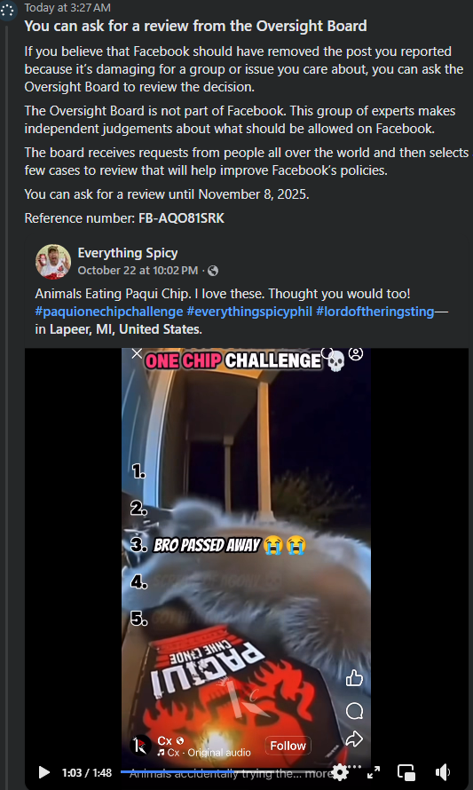 RubiksHnK's tweet photo. . @Meta / @facebook is dog shit. Some cunt posting videos of squirrels/racoons eating these spicy chips and Facebook's review AND the "not facebook" oversight board are both saying this is not cruelty despite hearing the pain in their noises.. Anything for user activity I guess https://t.co/MV365X2s6k