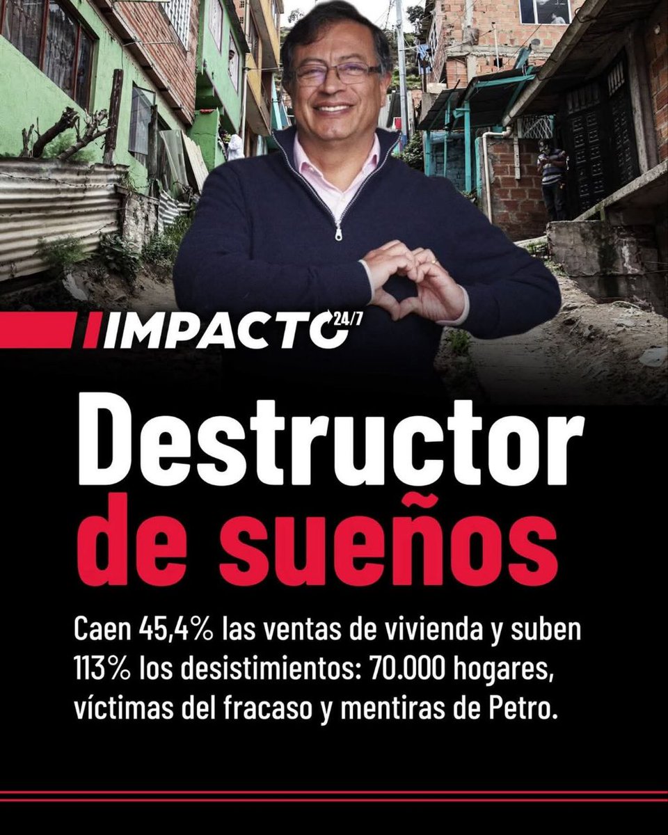 🚨🇨🇴 MI CASA JAMÁS | El fracaso de la política de vivienda de Petro deja 70.000 hogares damnificados y una caída del 45,4 % en ventas. Según Camacol, solo se iniciaron 110.000 viviendas, la cifra más baja en años. Los desistimientos de compra subieron 113 %,