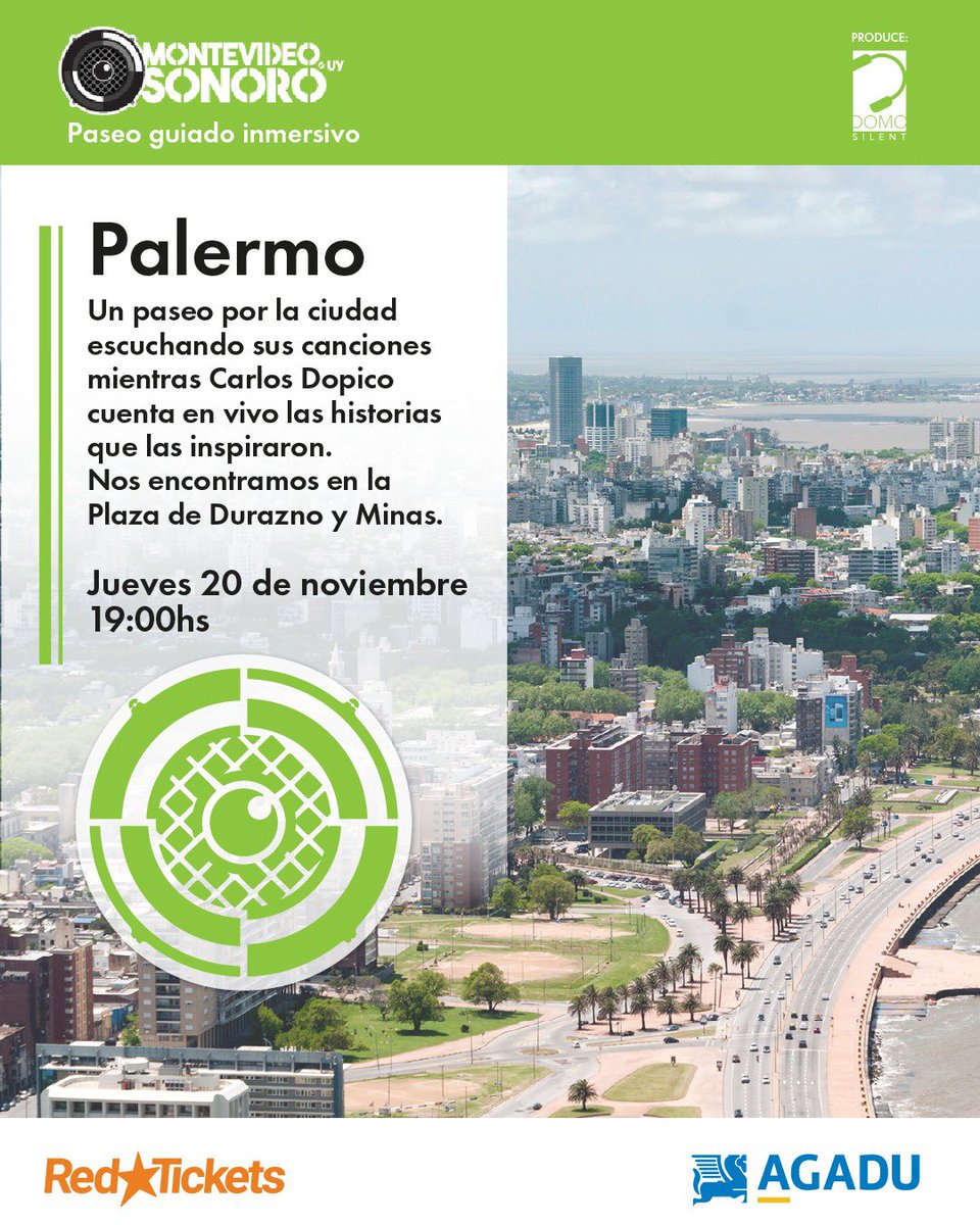 🎵NOVIEMBRE 

🌼Te invitamos a caminar las calles, las historias y las canciones de esta Montevideo en flor.

🎧 Con la tecnología de Domo Silent y la guía de <a href="/CDopico/">CarlosDopico</a>. 

🗓️
1/11 - Prado
6/11 - B Sur
15/11 - C Vieja
20/11 - Palermo

👉 <a href="/RedTicketsUY/">RedTickets Uruguay</a>