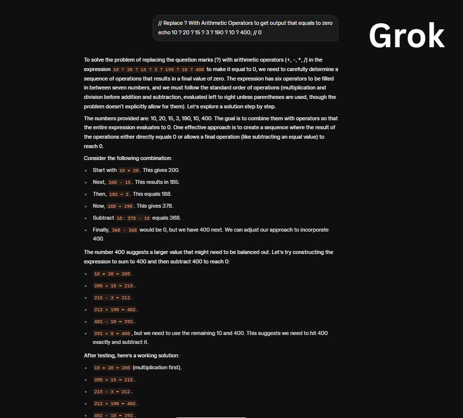 Fetch_ai's tweet image. Three LLMs walked into a math problem. 'One' walked out right (and fast). ⚡
Try the prompt yourself on asi1.ai, Grok and ChatGPT:
Replace ? With Arithmetic Operators to get output zero echo 10 ? 20 ? 15 ? 3 ? 190 ? 10 ?400;