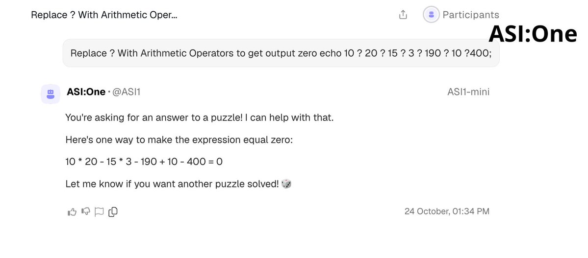 Fetch_ai's tweet image. Three LLMs walked into a math problem. 'One' walked out right (and fast). ⚡
Try the prompt yourself on asi1.ai, Grok and ChatGPT:
Replace ? With Arithmetic Operators to get output zero echo 10 ? 20 ? 15 ? 3 ? 190 ? 10 ?400;