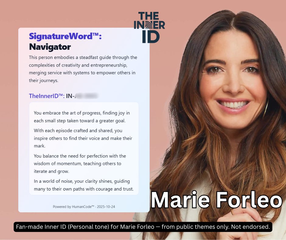 TheInnerID's tweet image. A fan-made Inner ID for Marie Forleo—useful optimism, tiny brave steps, and creative control.
pick one today:
🟨 15-min block on the #1 task
🟨 one email to your list
🟨 a messy first draft (then iterate)
respect to @marieforleo . fan project; not affiliated. #InnerID