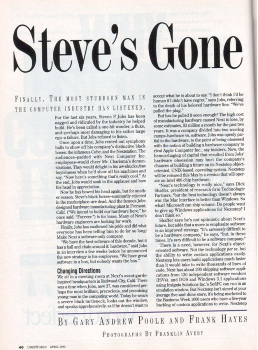 unix_byte's tweet image. In 1993, Steve Jobs was largely absent from public following his departure from Apple in 1985. Jobs had founded NeXT, a company that produced high-end Unix workstations, but it struggled commercially. The entry-level NeXT workstation was priced around $5,000—approximately $15,000…