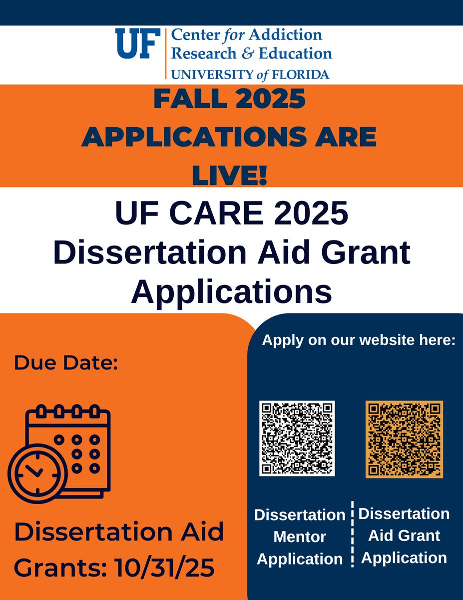UFCARE's tweet image. UF CARE’s Fall Dissertation Aid Grant deadline is just 1 week away (Oct 31)!
Don’t miss your chance to get support for your dissertation research.
Check out the flyer below to apply!