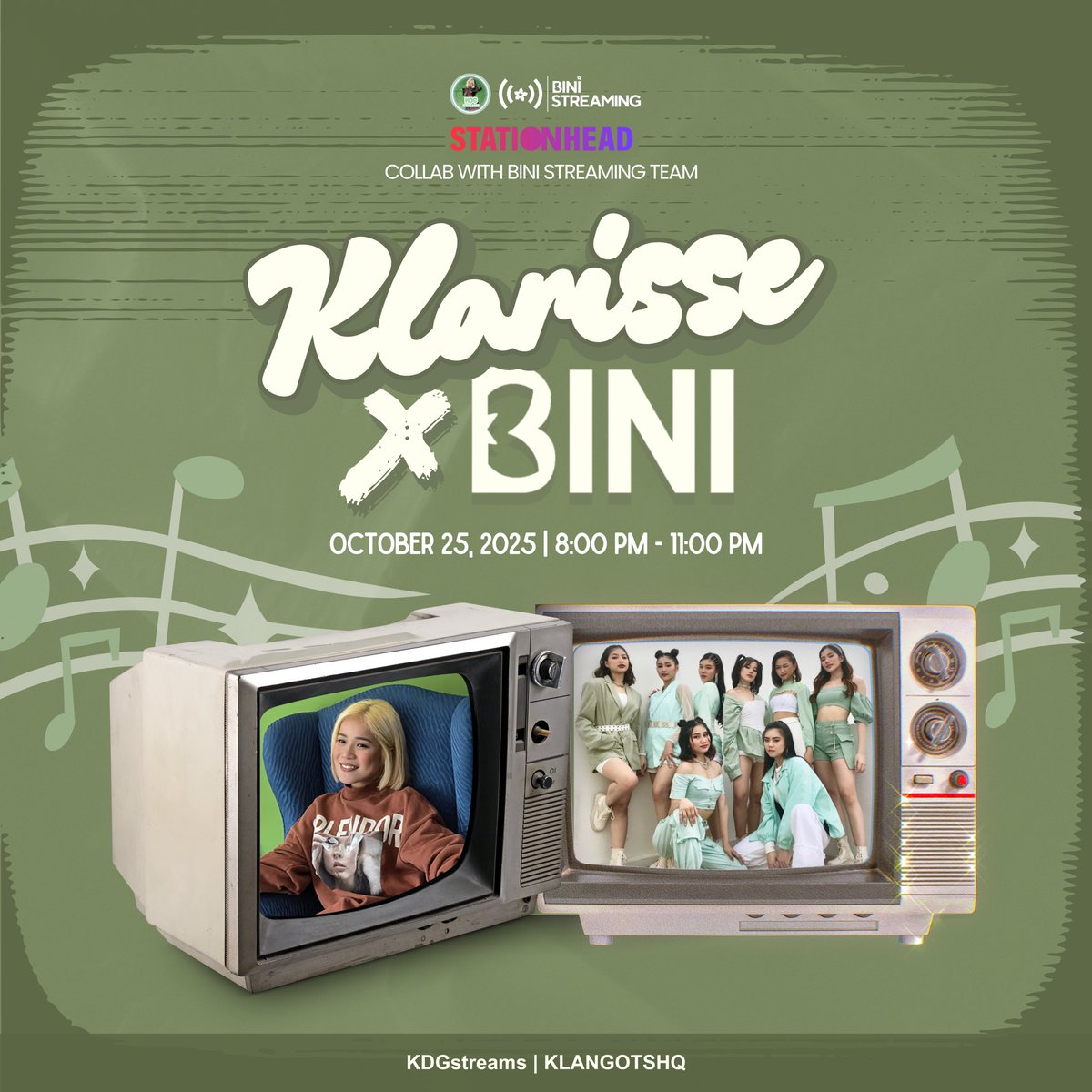 Klarisse x BINI! ✨

Feels like that first love kind of collab 💚
Join us for a special Stationhead stream. 

October 25, 2025 | 8–11 PM
🎧 on Stationhead (with BINI Streaming Team)

Let’s stream together and make this night one for the books! 💚